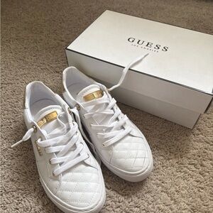 Guess Women's White Quilted Sneakers with Gold Accents